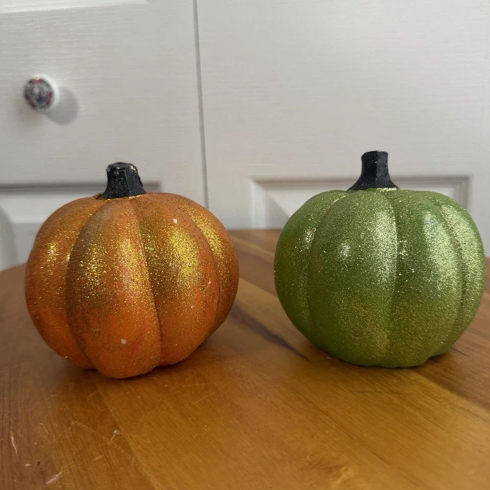 Hobby Lobby Orange Green Set Of 2 Table Decor Pumpkins Fall Halloween Sparkly